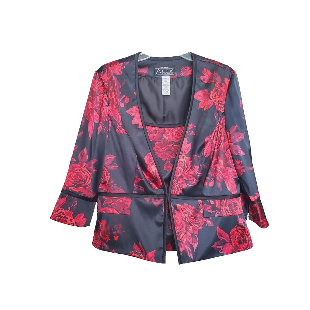 Alex Evenings Petite Black Rose Print 3/4 Sleeve Jacket with Camisole Size PXL